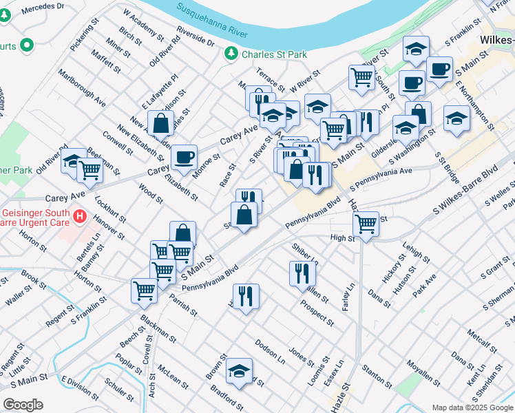 map of restaurants, bars, coffee shops, grocery stores, and more near 493 South Main Street in Wilkes-Barre