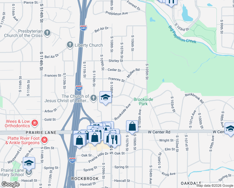 map of restaurants, bars, coffee shops, grocery stores, and more near 2155 South 108th Street in Omaha