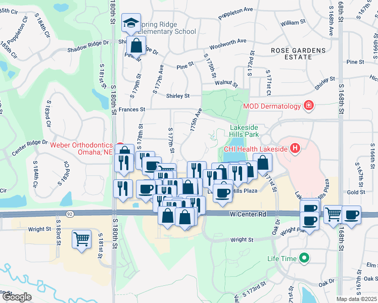 map of restaurants, bars, coffee shops, grocery stores, and more near S 175th Ave in Omaha