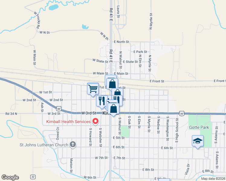 map of restaurants, bars, coffee shops, grocery stores, and more near 103 South Chestnut Street in Kimball