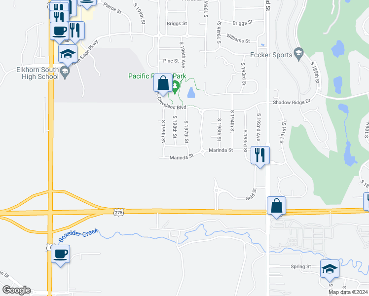 map of restaurants, bars, coffee shops, grocery stores, and more near 2106 South 197th Street in Omaha