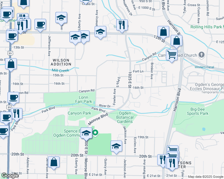 map of restaurants, bars, coffee shops, grocery stores, and more near 923 16th Street in Ogden