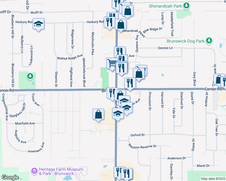 map of restaurants, bars, coffee shops, grocery stores, and more near 3637 Center Road in Brunswick