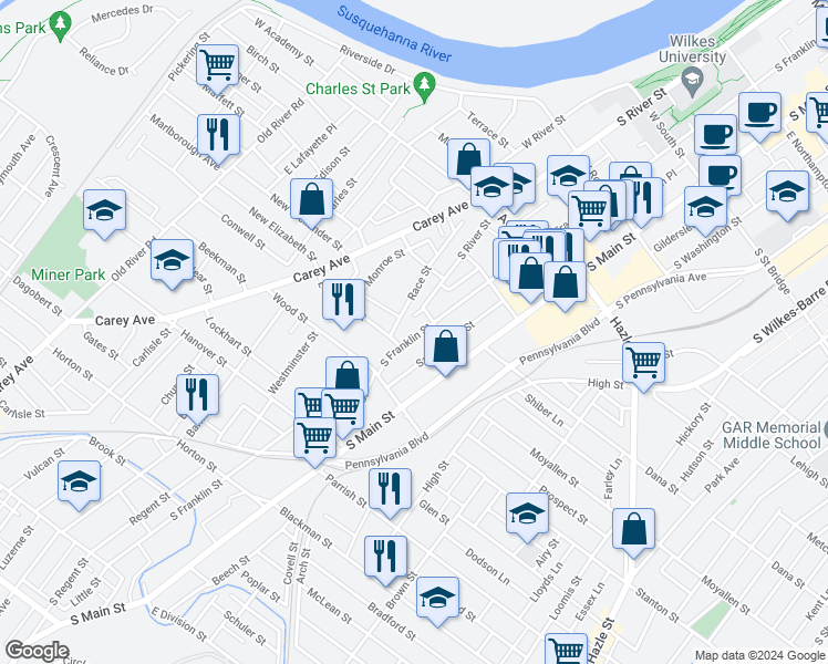 map of restaurants, bars, coffee shops, grocery stores, and more near 551 South Franklin Street in Wilkes-Barre