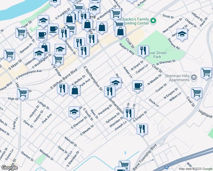 map of restaurants, bars, coffee shops, grocery stores, and more near 77 South Grant Street in Wilkes-Barre