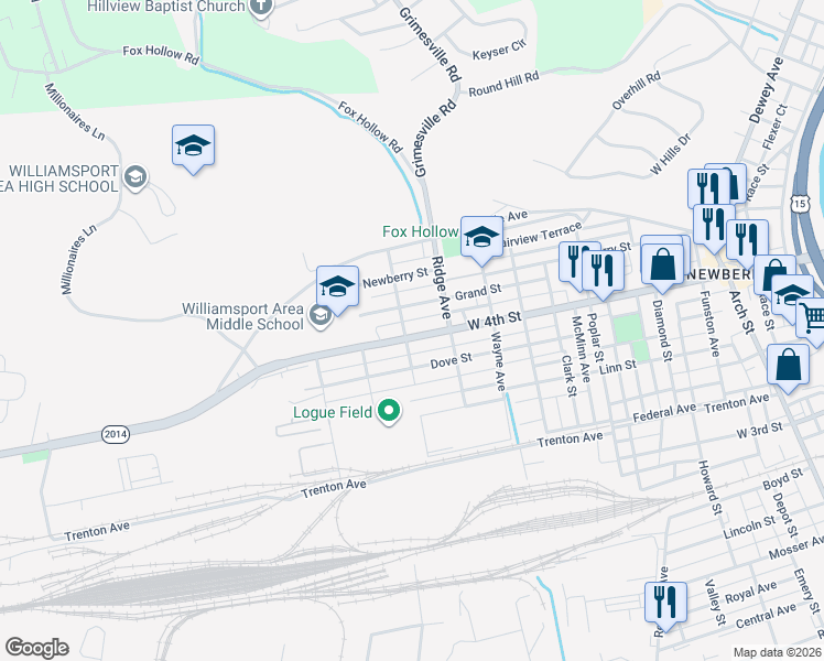 map of restaurants, bars, coffee shops, grocery stores, and more near 2702 State Route 2014 in Williamsport