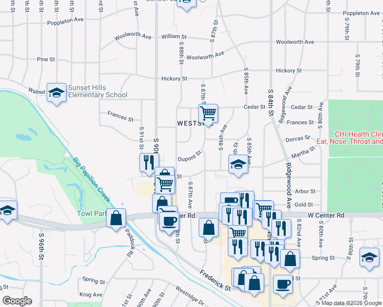 map of restaurants, bars, coffee shops, grocery stores, and more near 8720 Dupont Street in Omaha