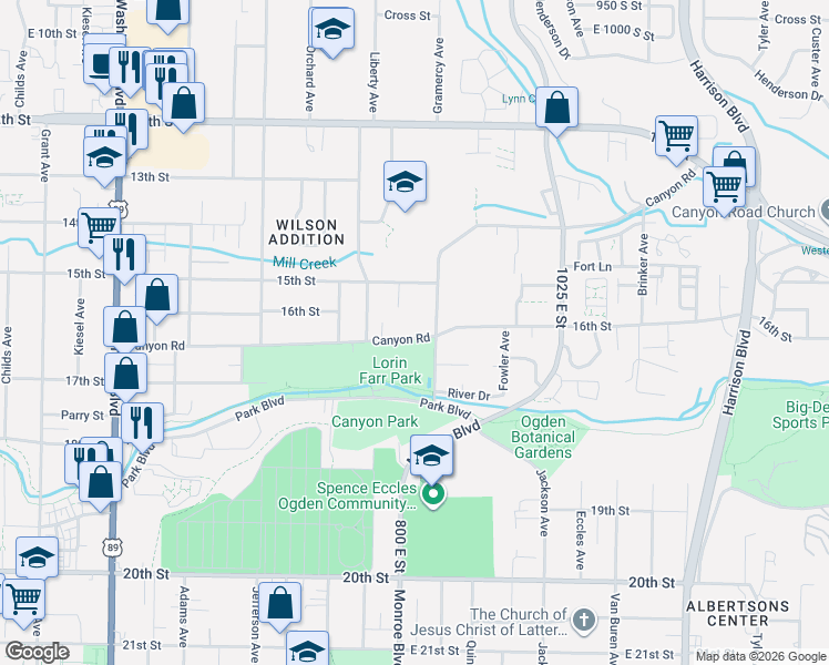 map of restaurants, bars, coffee shops, grocery stores, and more near 802 Canyon Road in Ogden