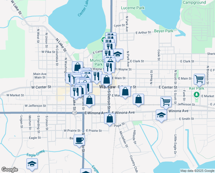 map of restaurants, bars, coffee shops, grocery stores, and more near 301-399 East Center Street in Warsaw