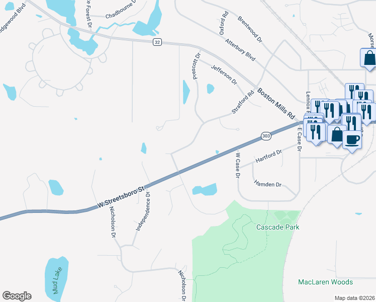 map of restaurants, bars, coffee shops, grocery stores, and more near 28 Stratford Road in Hudson