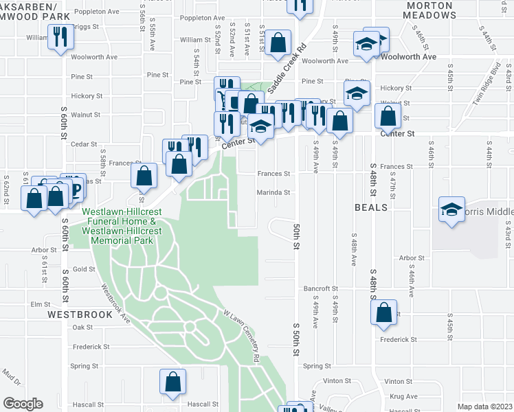 map of restaurants, bars, coffee shops, grocery stores, and more near 2225 South 51st Street in Omaha