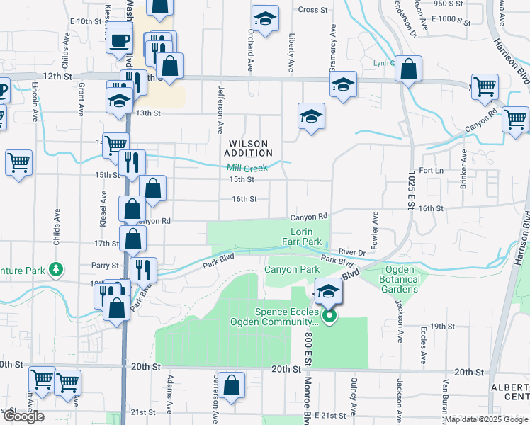 map of restaurants, bars, coffee shops, grocery stores, and more near 700 Canyon Road in Ogden