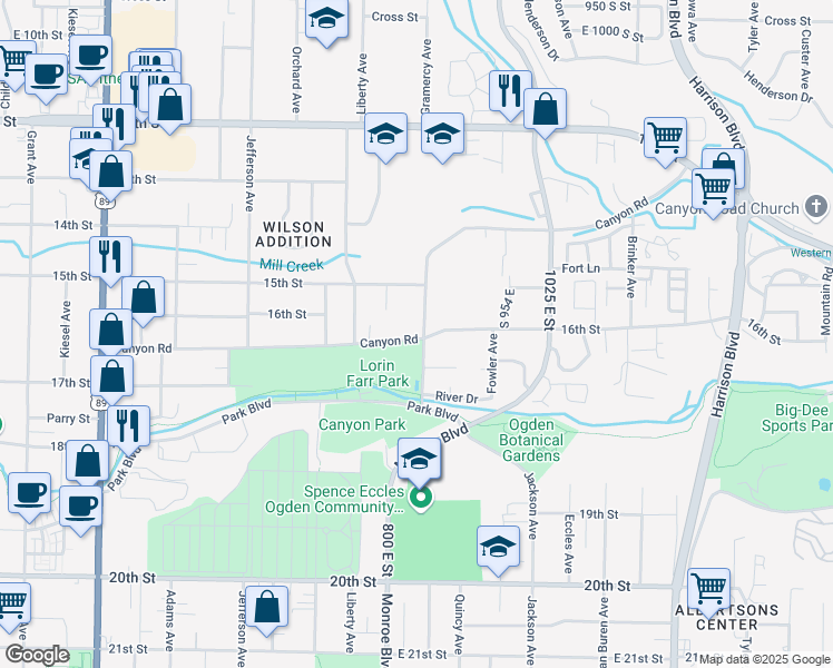 map of restaurants, bars, coffee shops, grocery stores, and more near 810 Canyon Road in Ogden