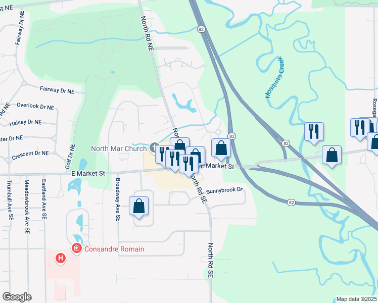 map of restaurants, bars, coffee shops, grocery stores, and more near 170 North Road Northeast in Warren