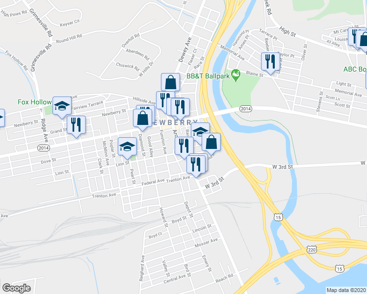 map of restaurants, bars, coffee shops, grocery stores, and more near 750 Arch Street in Williamsport