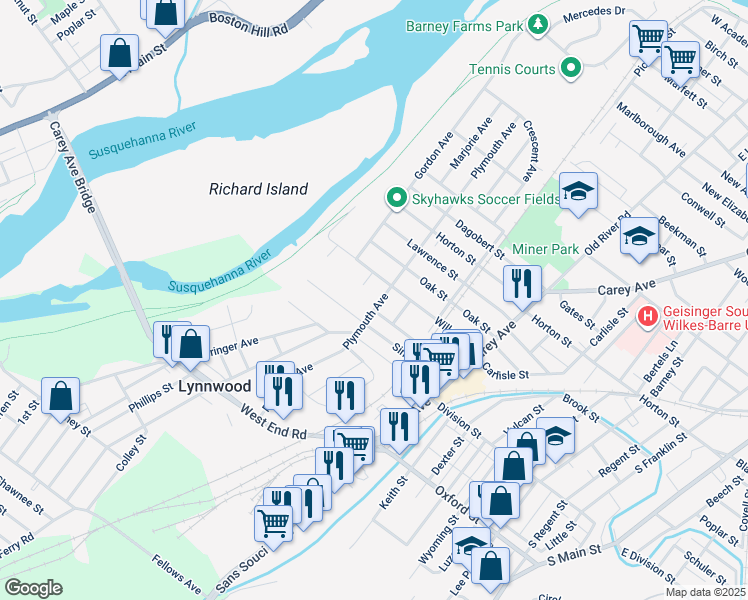 map of restaurants, bars, coffee shops, grocery stores, and more near 306 Plymouth Avenue in Wilkes-Barre