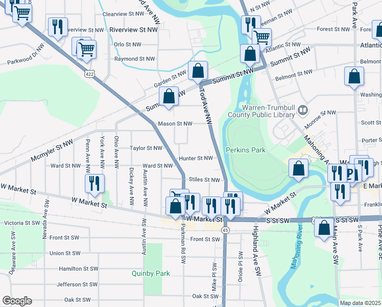map of restaurants, bars, coffee shops, grocery stores, and more near 924 Hunter Street Northwest in Niles