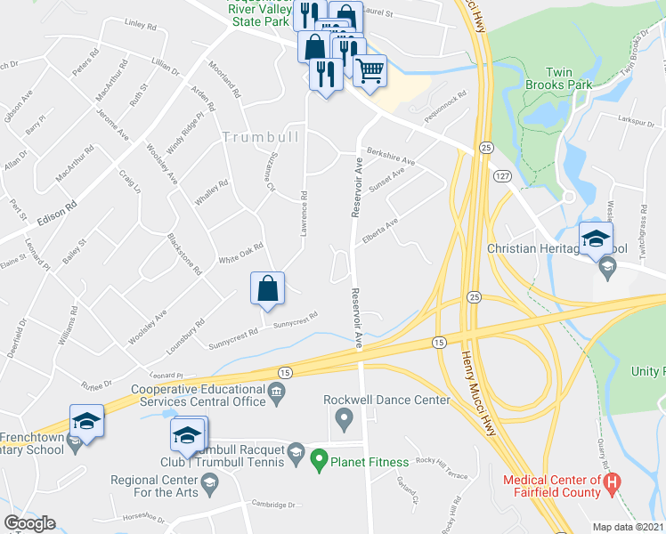 map of restaurants, bars, coffee shops, grocery stores, and more near Hawthorne Ridge Circle in Trumbull