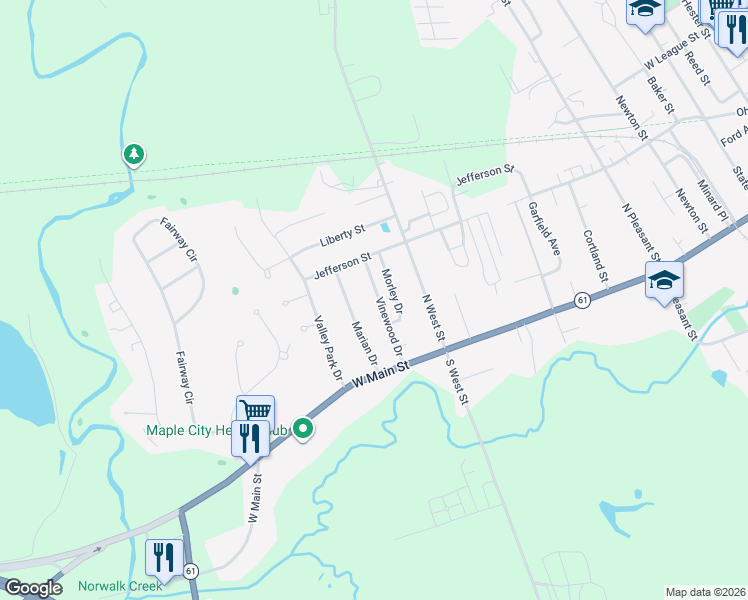 map of restaurants, bars, coffee shops, grocery stores, and more near 35 Vinewood Drive in Norwalk