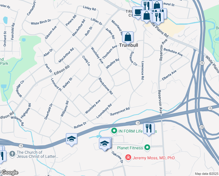 map of restaurants, bars, coffee shops, grocery stores, and more near 81 Woolsley Avenue in Trumbull