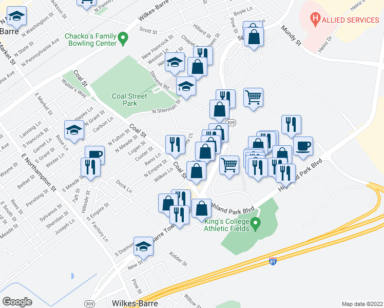 map of restaurants, bars, coffee shops, grocery stores, and more near 299 Parkview Circle in Wilkes-Barre
