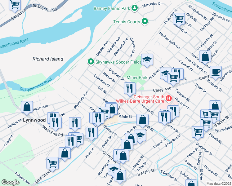 map of restaurants, bars, coffee shops, grocery stores, and more near 52 Lawrence Street in Wilkes-Barre