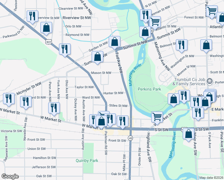 map of restaurants, bars, coffee shops, grocery stores, and more near 924 Hunter Street Northwest in Niles