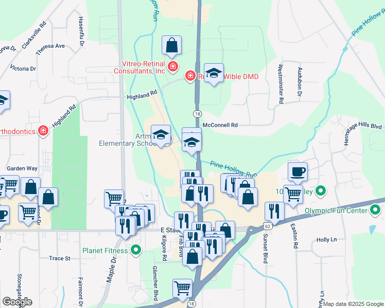 map of restaurants, bars, coffee shops, grocery stores, and more near 375 North Hermitage Road in Hermitage