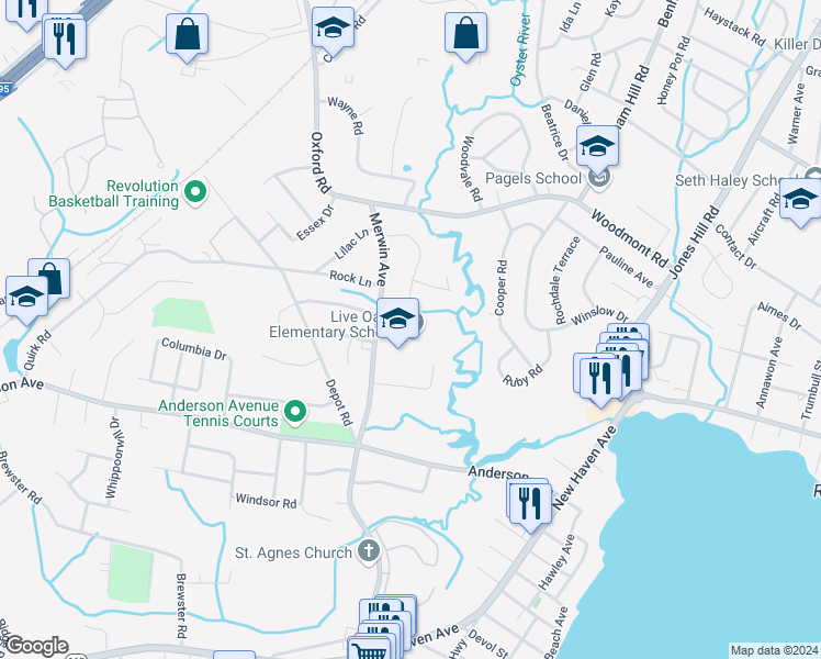 map of restaurants, bars, coffee shops, grocery stores, and more near 575 Merwin Avenue in Milford