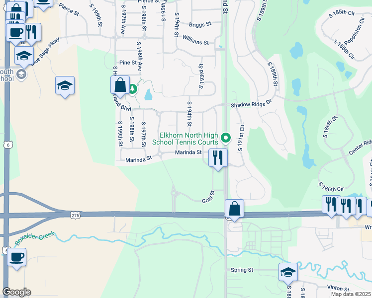 map of restaurants, bars, coffee shops, grocery stores, and more near 2126 South 194th Street in Omaha