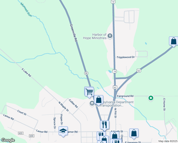 map of restaurants, bars, coffee shops, grocery stores, and more near 590 Greenville Road in Mercer