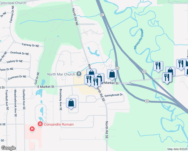 map of restaurants, bars, coffee shops, grocery stores, and more near 170 North Road Northeast in Warren