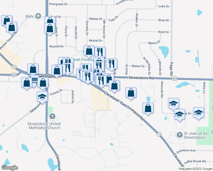 map of restaurants, bars, coffee shops, grocery stores, and more near 9088 Superior Avenue in Streetsboro