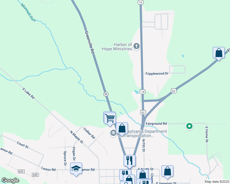 map of restaurants, bars, coffee shops, grocery stores, and more near 590 Greenville Road in Mercer