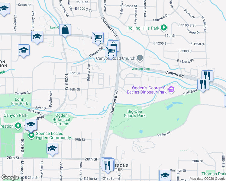 map of restaurants, bars, coffee shops, grocery stores, and more near 1627 1250 East Street in Ogden