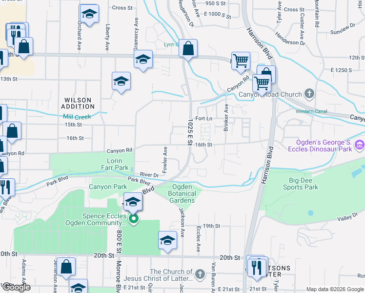 map of restaurants, bars, coffee shops, grocery stores, and more near in Ogden