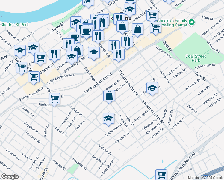 map of restaurants, bars, coffee shops, grocery stores, and more near 71 Park Avenue in Wilkes-Barre
