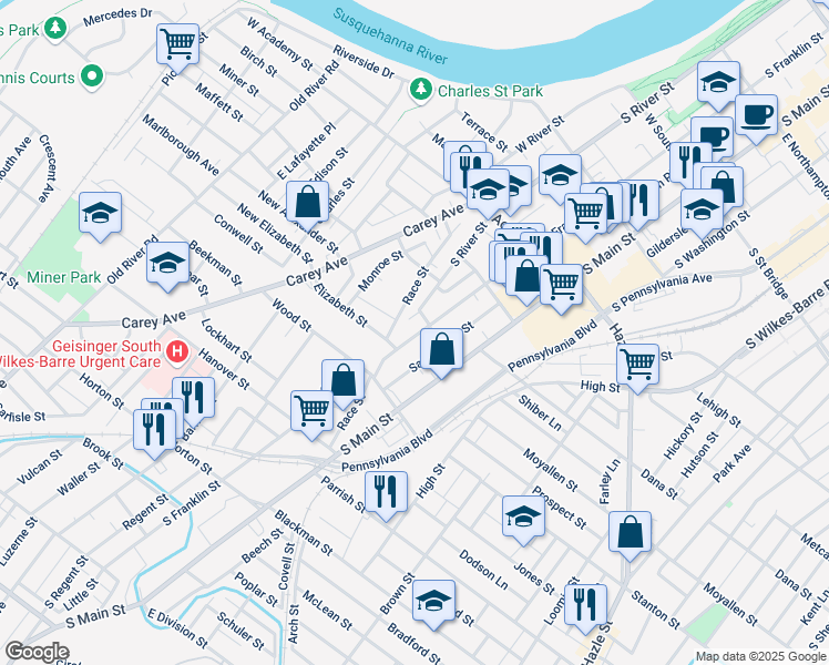 map of restaurants, bars, coffee shops, grocery stores, and more near 556 South Franklin Street in Wilkes-Barre