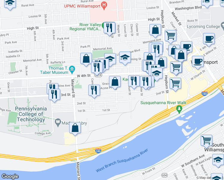 map of restaurants, bars, coffee shops, grocery stores, and more near 712 West 3rd Street in Williamsport