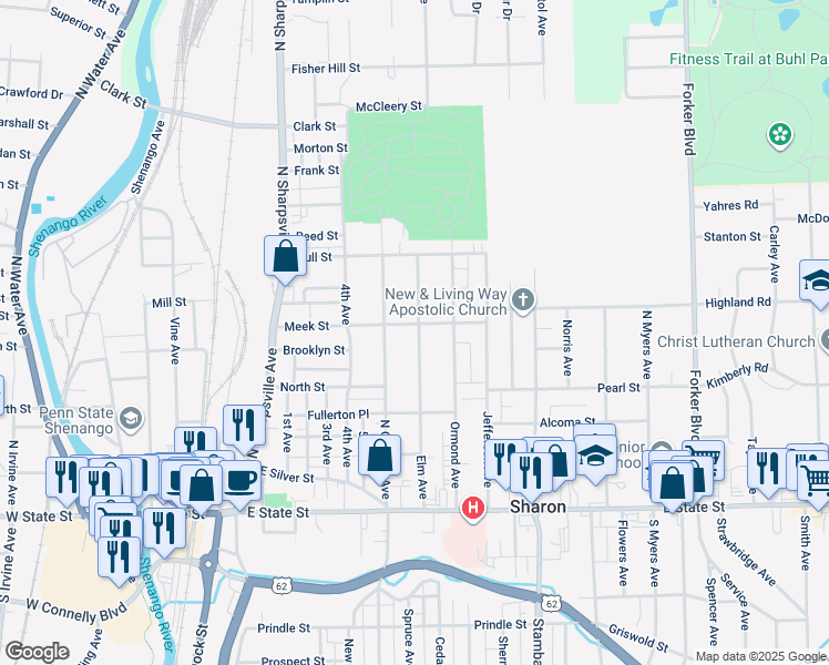map of restaurants, bars, coffee shops, grocery stores, and more near 348 Elm Avenue in Sharon
