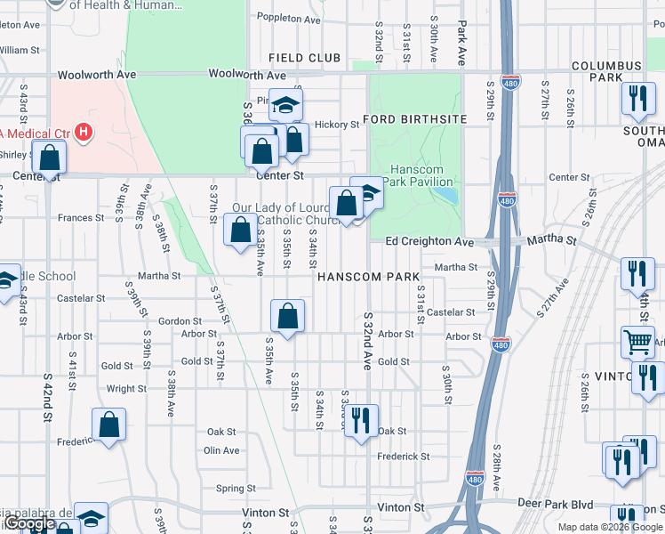 map of restaurants, bars, coffee shops, grocery stores, and more near 3316 Martha Street in Omaha