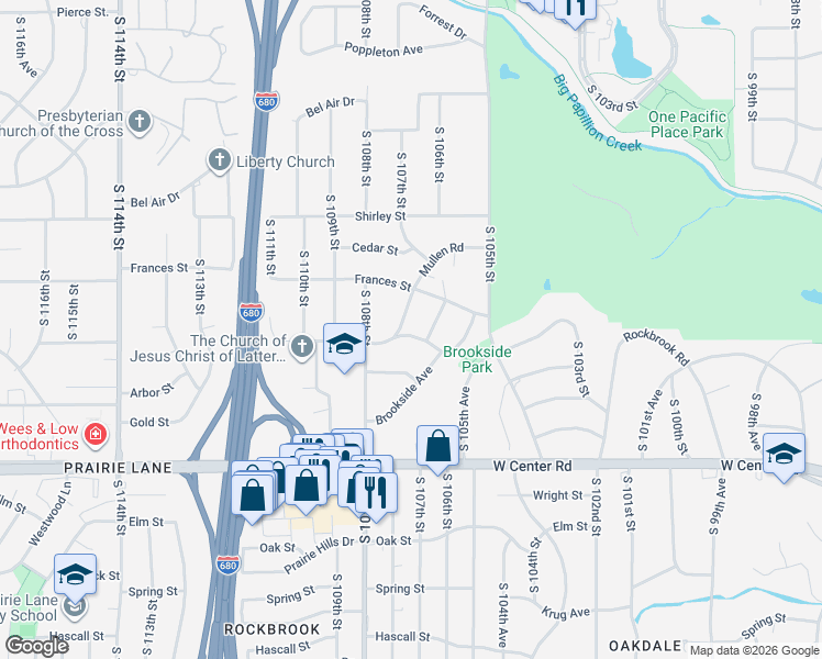map of restaurants, bars, coffee shops, grocery stores, and more near 2134 South 106th Street in Omaha