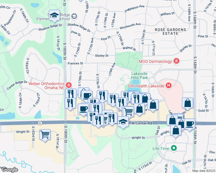 map of restaurants, bars, coffee shops, grocery stores, and more near S 175th Ave in Omaha