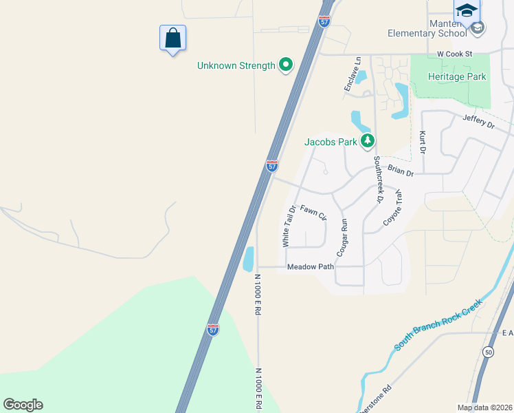 map of restaurants, bars, coffee shops, grocery stores, and more near Interstate 57 in Manteno