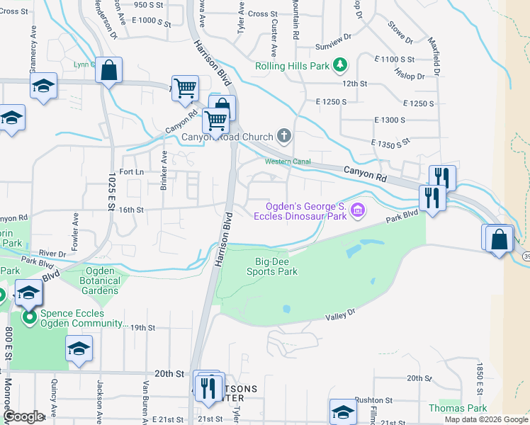 map of restaurants, bars, coffee shops, grocery stores, and more near 1348 16th Street in Ogden