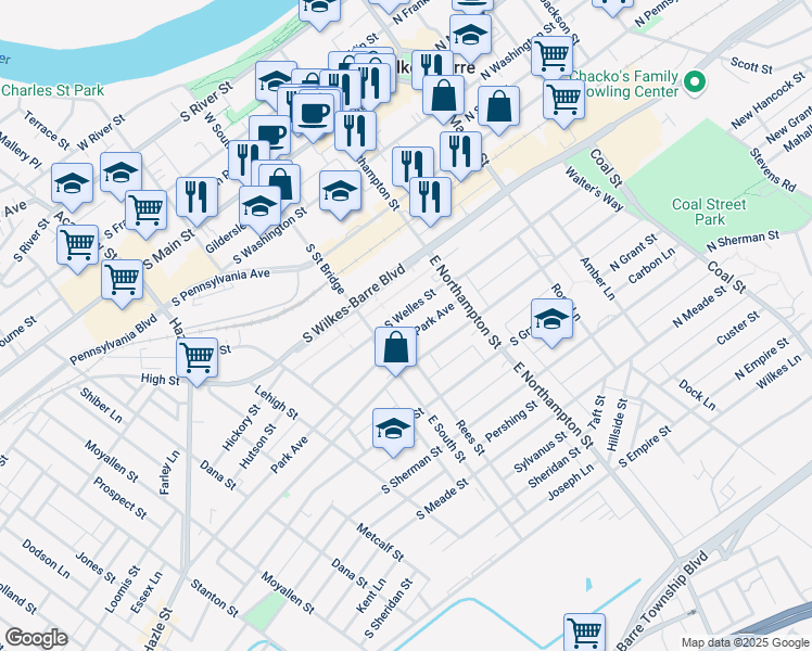 map of restaurants, bars, coffee shops, grocery stores, and more near 71 Park Ave in Wilkes-Barre
