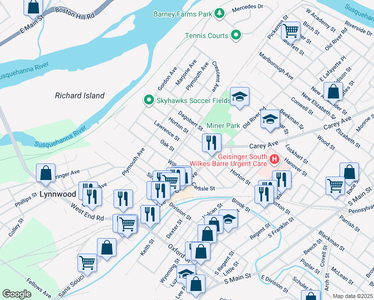 map of restaurants, bars, coffee shops, grocery stores, and more near 52 Lawrence Street in Wilkes-Barre