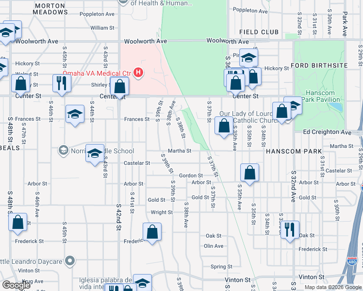 map of restaurants, bars, coffee shops, grocery stores, and more near 2150 South 38th Street in Omaha