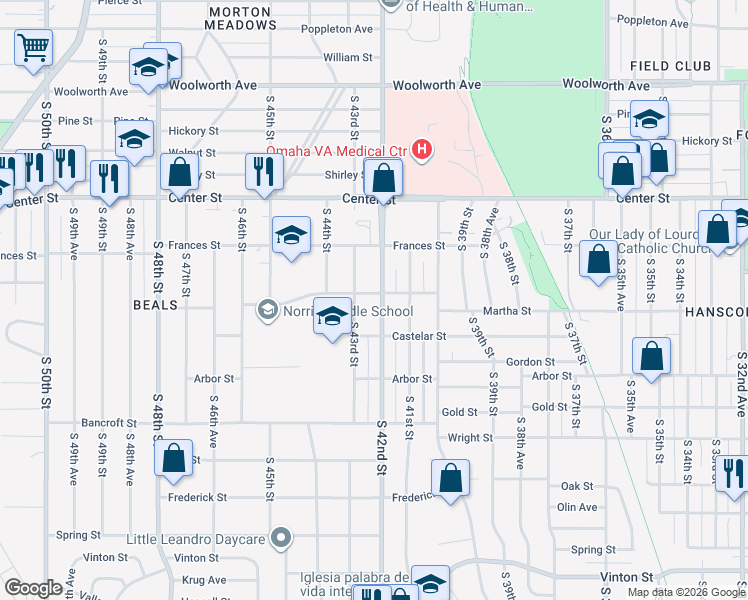 map of restaurants, bars, coffee shops, grocery stores, and more near 2212 South 42nd Street in Omaha