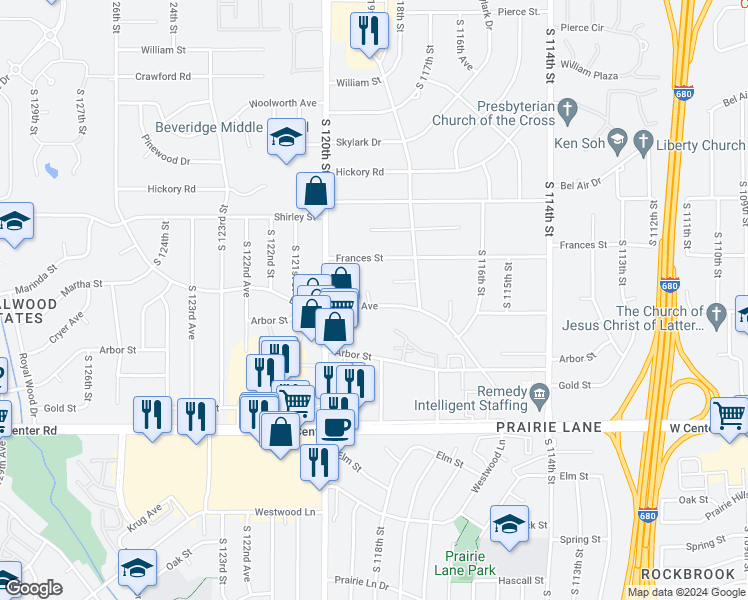 map of restaurants, bars, coffee shops, grocery stores, and more near 11905 Cryer Avenue in Omaha